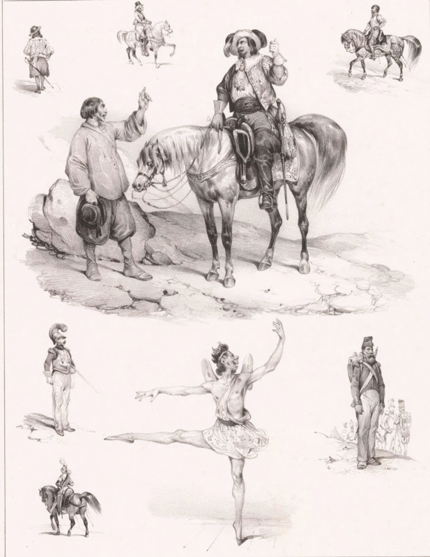 Eight depictions of human pastimes, Passe-temps, Leisure activities, Passe-tems, print, Series number, 79, 126, printmaker: Victor Adam, France, printer (person): Joseph Rose Lemercier, Paris, publisher: Aumont & Cie, publisher: Tessari & Cie., 1833 - 1837, printer (person), paper, chalk lithograph, height 366 mm x width 280 mm, recreation, amusement, A series of pencil sketches arranged vertically on a light background showing various figures and horses; near the top a man on horseback wears a wide-brimmed hat and decorative clothing while another man stands beside the horse holding his hat and gesturing upward, a second horse with a rider appears smaller to the upper right and small sketches of riders and a walking figure appear across the top margin; below that a thin male dancer in a short skirt performs an extended arabesque on pointe with one leg raised and arms outstretched; to the right of the dancer a uniformed soldier stands facing forward with a backpack and rifle while smal...