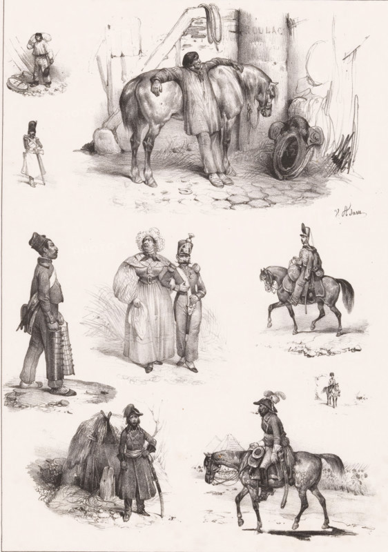 Nine depictions of human pastimes, Passe-temps, Leisure activities, Passe-tems, print, Series number, 85, 168, printmaker: Victor Adam, Paris, printer (person): Aubert & Junca, publisher: Aubert & Cie., 1837, printer (person), paper, chalk lithograph, height 359 mm x width 277 mm, Reissue of the original series 'Passe-Temps', published by Aumont and Tilt and subsequently by Aumont and Tessari, 1833-1837., recreation, amusement, A large vertical sheet with multiple pencil sketches arranged in a loose grid, showing various figures and horses in different poses and small scenes; at the top center a man leans against a saddled horse beside stacks of wooden barrels and a large circular object, the man wearing a loose coat and resting an arm on the horse’s back while the horse stands with head lowered; small sketches around include a soldier on horseback in profile, a couple with the woman in a voluminous dress and the man in uniform standing close together, a standing figure carrying stacke...