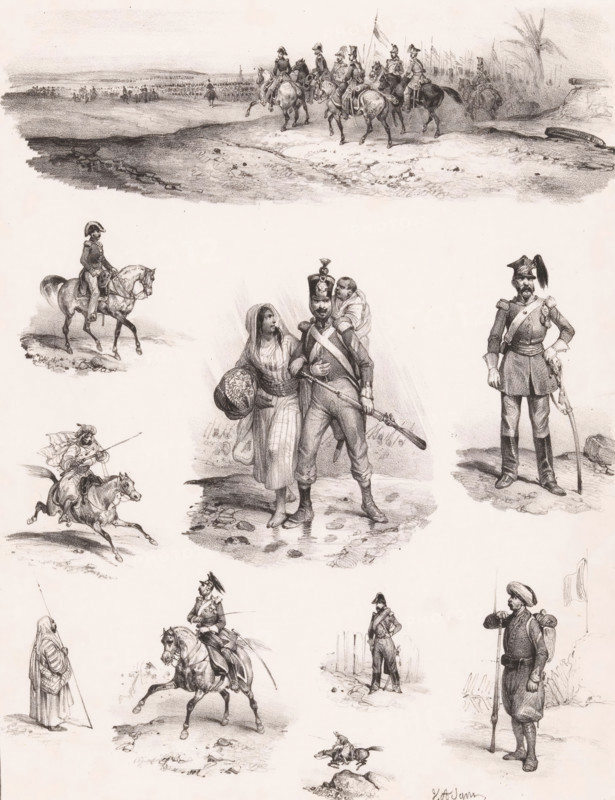 Ten representations of human pastimes, Leisure activities, Passe-temps, Passe-tems, print, Series number, 97, 168, printmaker: Victor Adam, France, printer (person): Aubert & Junca, Paris, publisher: Aubert & Cie., 1837, printer (person), paper, chalk lithograph, height 354 mm x width 280 mm, Reissue of the original series 'Passe-Temps', published by Aumont and Tilt and subsequently by Aumont and Tessari, 1833-1837., recreation, amusement, A series of sepia-toned sketches arranged across the page depict soldiers, riders, and civilians in various poses and scenes; at the top a group of mounted officers ride across a landscape with troops and palm trees in the distance; below and to the left a mounted officer sits astride a horse; centrally a soldier stands with a musket while a woman walks beside him carrying a basket and a child is slung across his shoulders; to the right a uniformed officer stands with one hand on his sword and the other on his hip wearing a plumed helmet; other small...