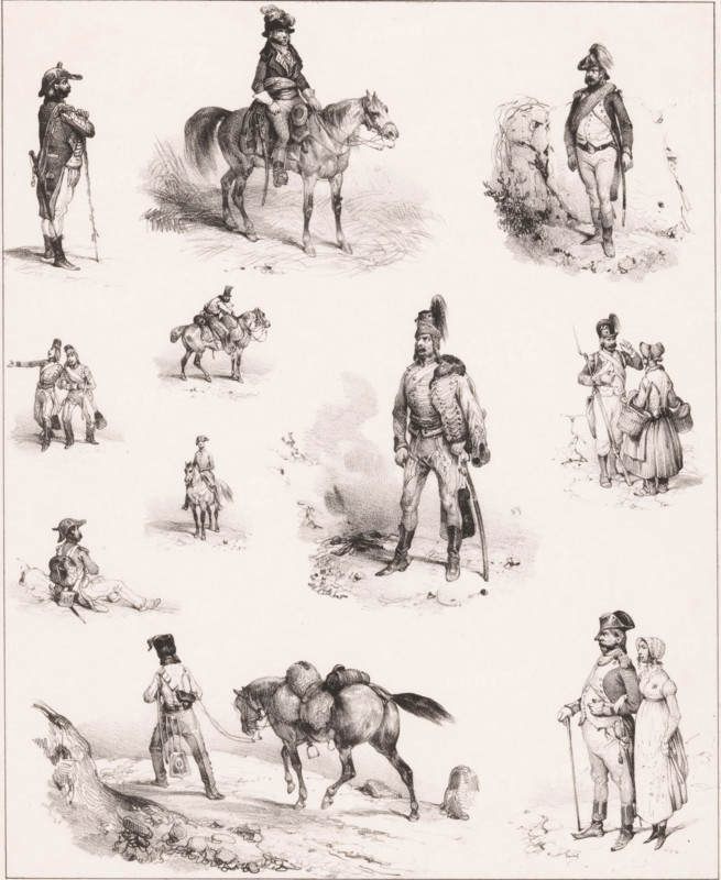 Eleven depictions of human pastimes, Passe-temps, Leisure activities, Passe-tems, print, Series number, 99, 168, printmaker: Victor Adam, France, printer (person): Aubert & Junca, Paris, publisher: Aubert & Cie., 1837, printer (person), paper, chalk lithograph, height 356 mm x width 276 mm, Reissue of the original series 'Passe-Temps', published by Aumont en Tilt and subsequently by Aumont en Tessari, 1833-1837., recreation, amusement, A series of detailed monochrome sketches show various figures in historical dress and horses scattered across a pale background; a mounted rider in a plumed hat sits astride a horse near the top center, while to the right a man in uniform stands beside a rocky outcrop; a central standing soldier with a tall feathered helmet and a long coat holds a cane and looks forward, with faint ground shading beneath his feet; lower left a man leads a fully saddled packhorse by a rope along a rough path; small groups and pairs of soldiers and civilians appear through...
