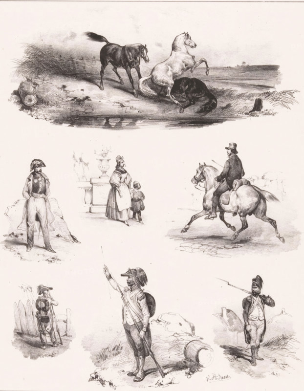 Six depictions of human pastimes and a number of horses, Passe-temps, Leisure activities, Passe-tems, print, Series number, 103, 168, printmaker: Victor Adam, France, printer (person): Aubert & Junca, Paris, publisher: Aubert & Cie., 1837, printer (person), paper, chalk lithograph, height 359 mm x width 276 mm, Reissue of the original series 'Passe-Temps', published by Aumont en Tilt and subsequently by Aumont en Tessari, 1833-1837., recreation, amusement, A vertical sheet with several detailed monochrome sketches arranged in rows, including at the top a pastoral scene of three horses near a water edge with one horse rearing and another lying on the ground while reeds and a shoreline appear in the background; below that a trio of figures with a woman in a dress and bonnet standing beside a small child near a pedestal with a decorative urn and a man on horseback riding away to the right; other sketches show individual soldiers in historical uniforms standing or gesturing with muskets an...