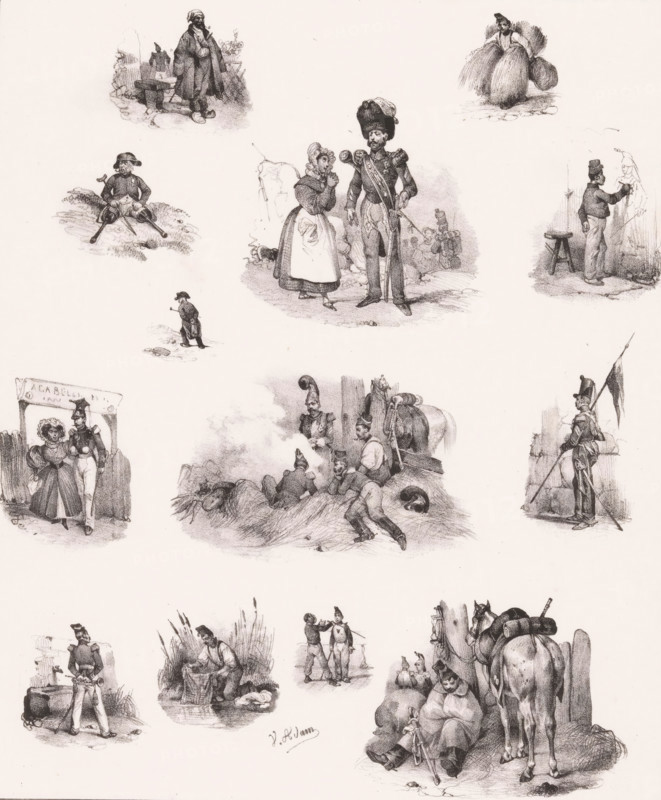 Thirteen depictions of human pastime, Leisure activities, Passe-temps, Passe-tems, print, Series number, 142, 168, printmaker: Victor Adam, France, printer (person): Aubert & Junca, Paris, publisher: Aubert & Cie., 1837, printer (person), paper, chalk lithograph, height 358 mm x width 274 mm, Reissue of the original series 'Passe-Temps', published by Aumont en Tilt and subsequently by Aumont en Tessari, 1833-1837., recreation, amusement, A pale background filled with numerous small monochrome sketches showing people and animals in various scenes, including a central pair of a woman in a dress and apron standing beside a man in a tall feathered hat and uniform holding a long staff, nearby groups of seated and reclining soldiers with hats scattered around them, a man standing by a wall painting on a canvas beside a small stool, a figure carrying large bundles of hay, a couple walking arm in arm beneath a banner, a seated man with crutches or poles, a man bending beside a basket at the wa...