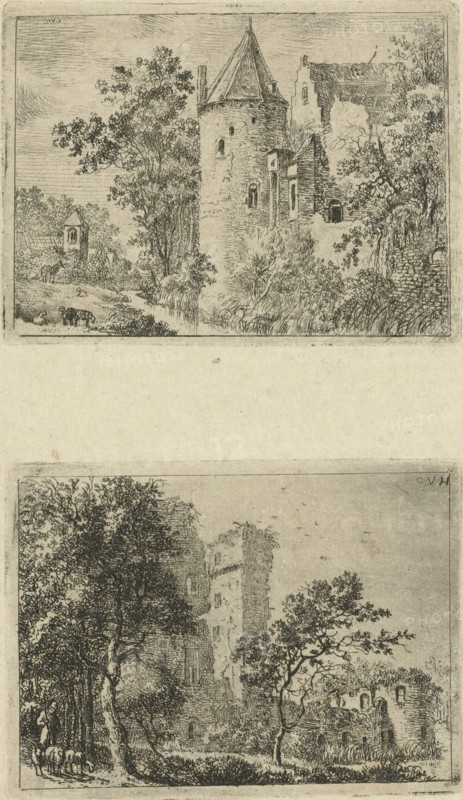 Duurstede Castle and ruins, print, Two different etchings on one sheet of Duurstede Castle., printmaker: Cornelis van Hardenbergh, Netherlands, c. 1770 - 1843, paper, etching, intaglio printmaking technique, etching with plate tone, height 67 mm x width 89 mm x height 66 mm x width 89 mm, landscape with tower or castle, cattle driving, cattle driver, Wijk bij Duurstede, Duurstede Castle, A vertically oriented image showing two rectangular landscape scenes separated by a wide blank space, both rendered in fine line etching on aged paper; the upper scene depicts a stone tower with a conical roof set among trees and ruined walls, a small building with a pitched roof visible to the left, dense foliage and grassy undergrowth around a narrow watercourse, and a few grazing animals near the lower left edge; the lower scene shows a tall ruined stone structure partially hidden by large trees with twisting branches, a path or clearing in the foreground bordered by trees and shrubs, more ruined wa...