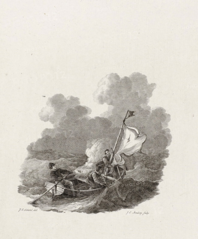 Title page of: Scene of an Escape of Three Scheveningen Fishermen, in a small boat from England to Holland, in January of the year 1781, print, title page, in January of the year 1781. The three fishermen in a small boat on the open sea., printmaker: Johannes Christiaan Bendorp, Northern Netherlands, after drawing by Johannes Christiaan Schotel, 1831, paper, etching, engraving, etching and engraving, proof print before the letter, height 232 mm x width 155 mm, Used as title page of: Cornelis Gebel, Scene of the escape of three Scheveningen fishermen, in January of the year 1781. The Hague: JP Beekman Hz., 1831., rowing-boat, canoe, escape, escape attempts, Fourth Anglo-Dutch War, Scheveningen, Period, 1781-01-08, A detailed black and white engraving shows a small rowboat on choppy water with three men aboard; one man near the stern rows with an oar while seated, another man closer to the center leans forward gripping the boat's side, and a third man stands near the bow holding a tall p...