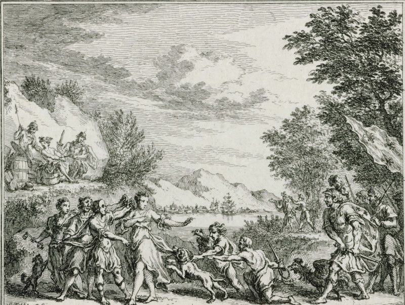 Allegory of American freedom, print, Allegorical representation of American independence. Personification of America seated on a throne in front of which a statue of Liberty is being erected. Part of a group of illustrations with small allegories on the political situation in the year 1780., printmaker: Simon Fokke, Northern Netherlands, after design by, 1780 - 1782, paper, etching, proof print before the letter, height 91 mm x width 104 mm, Used as an illustration in: Nieuwe vaderlandsche almanach, voor den jaare 1782. Amsterdam: Arend Fokke Simonsz, 1782., Freedom, Liberty, 'Libertà' (Ripa), America represented allegorically, 'America' (Ripa), American War of Independence, Period, 1780, A finely detailed black and white etching shows a crowded outdoor scene with many figures in classical dress spread across a landscape. In the foreground a group of standing and kneeling people interact, some reaching toward others and some restraining or pulling, while dogs and small animals move amo...