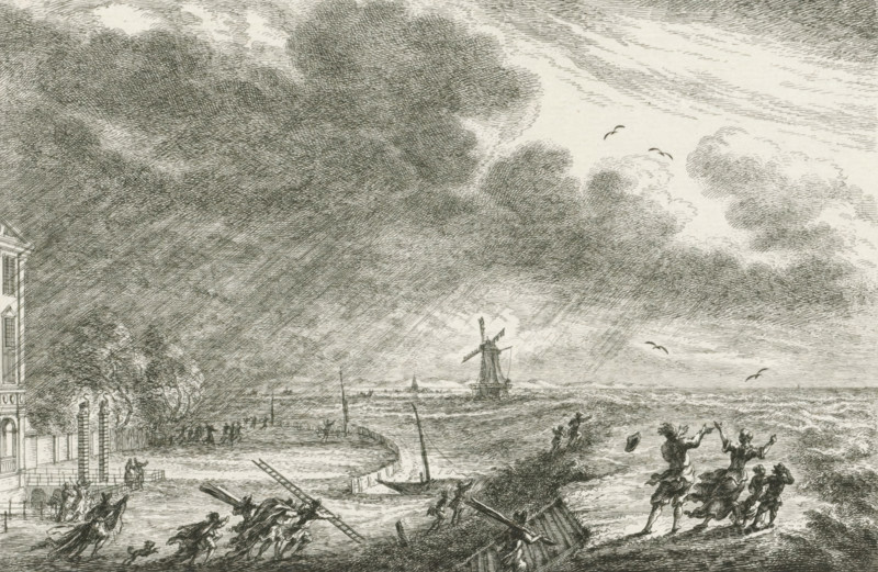 Flood at Halfweg, 1775, print, on the left the Swanenburg House, former communal land house of the Rijnland Water Board, on the right the dike of the Haarlemmermeer, November 14, 1775., printmaker: Simon Fokke, Northern Netherlands, after design by, paper, etching, proof print before the letter, height 143 mm x width 208 mm, Used as illustration in: Arend Fokke Simonsz. De vaderlandsche historie in themata. Amsterdam: Arend Fokke Simonsz., editions between 1783-ca. 1792., storm on land, Flood of November 14-18, Haarlemmermeer, Halfweg, Huis Zwanenburg, Period, 1775-11-14, A wide etched scene shows a shoreline under a heavily clouded sky with crosshatched shading, a windmill standing on a distant strip of land, small sailing boats on the water, and birds flying. In the foreground a curved quay with moored boats and poles projects toward the water, figures on the quay and near the shore engaged in activity, some carrying long poles and others gesturing toward the sea. To the left a build...