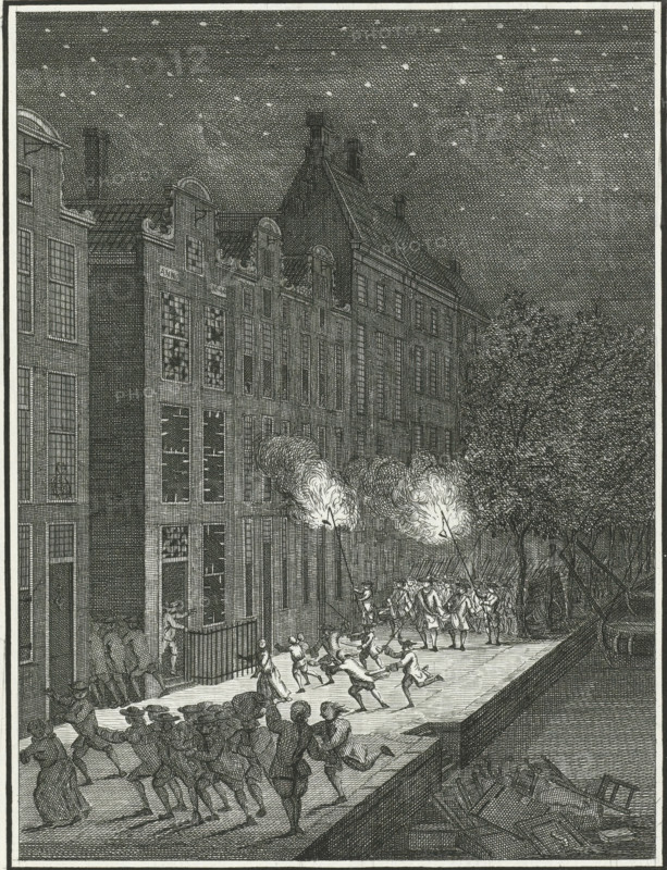 Plundering of a collector's house in Rotterdam, 1759, print, Riot with the looting of the house of a (tax) collector on a canal in Rotterdam, July 25, 1759. Night scene in which the militia drives away the looters., printmaker, Northern Netherlands, paper, etching, engraving, etching and engraving, proof print before the letter, height 180 mm x width 134 mm, Used as an illustration in: Maandelijkse Nederlandsche Mercurius, August 1759, p. 44., looting, riot, Rotterdam, Period, 1759-07-25, A nighttime street scene rendered in fine black-and-white lines shows tall, narrow buildings with many windows lining one side, a steeply pitched roof and decorative gables visible along the roofline, and a starry sky above. A group of people in period clothing are gathered on the street and bridge, some running and gesturing, while another group further back carries torches that emit large plumes of flame and smoke. Trees and a river or canal edge appear on the right, and piles of planks or debris ar...
