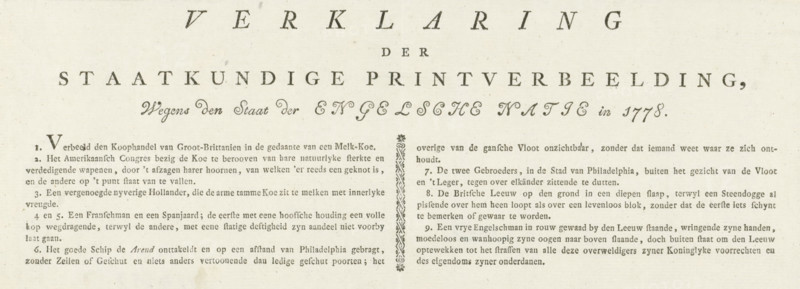 Explanation of the Political Print Representation, Regarding the State of the English Nation in 1778, Explanation of the first caricature on English losses in the struggle with America, 1778, text sheet, Text sheet with an explanation of the representation of the first caricature on English losses in the struggle with America in 1778. Text in two columns with an explanation of numbers 1-9., printmaker, Northern Netherlands, paper, letterpress printing, text in letterpress, height 110 mm x width 373 mm, American War of Independence, North America, Philadelphia, Period, A wide, aged paper page with printed decorative typography across the top and dense columns of small printed text below, featuring an ornate vertical divider with floral motifs between the columns, a large capital initial at the start of the left column, and subtle paper texture and faint spots throughout.
