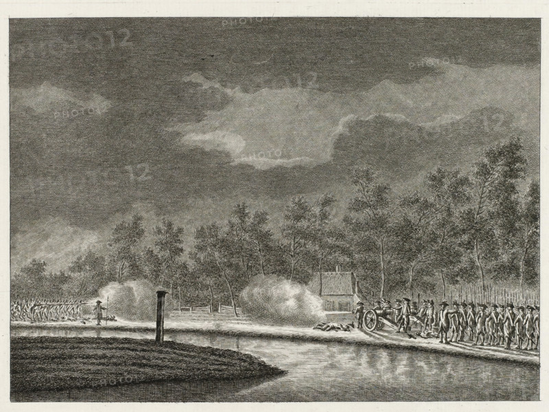 Firefight at Vreeswijk, 1787, print, Firefight on the canal at Vreeswijk outside Utrecht between armed citizens of the Utrecht militia and troops of the Van Efferen regiment, on the evening of May 9, 1787., printmaker, Northern Netherlands, paper, etching, engraving, etching and engraving, proof print before the letter, height 173 mm x width 247 mm, battle (citizen soldiery, civil guard, citizen militia), Battle at Vreeswijk, Vreeswijk, Period, 1787-05-09, A monochrome engraved scene shows a riverside with a reflective water surface in the foreground and a dark, heavily clouded sky above. Trees line the middle ground, their leaves and branches rendered with fine crosshatching, and a small house with a steep roof is partially visible among them. On the right bank a group of uniformed figures stands in formation near a cannon, with some figures clustered around the artillery piece and others standing in lines; smoke from firing drifts across the scene. On the left bank another line of fi...