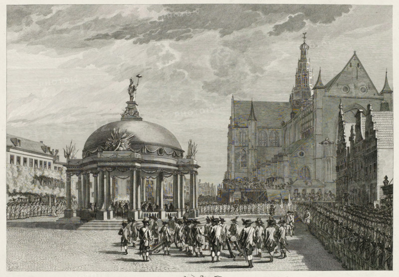Swearing-in of the government regulations in Haarlem, 1787, print, Solemn ceremony with the swearing-in of the new government regulations in a temple erected on the Grote Markt in Haarlem, September 5, 1787. Militias are lined up around the square, several pieces of artillery near the temple. In the margin the city coat of arms of Haarlem., printmaker: Izaak Jansz. de Wit, Northern Netherlands, printmaker: Pieter Hendrik Jonxis, after drawing by Wybrand Hendriks, Haarlem, paper, etching, engraving, etching and engraving, proof before the letter, height 312 mm x width 410 mm, warfare, military affairs (citizen soldiery, civil guard, citizen militia), proclamation of new government, Patriot time (1780-1795), St. Bavo Church (Haarlem), Grote Markt (Haarlem), Period, 1787-09-05, A detailed engraving of a square scene showing a domed pavilion with columns and a statue on top, surrounded by crowds and soldiers in period uniform, with a procession of uniformed men in the foreground moving tow...