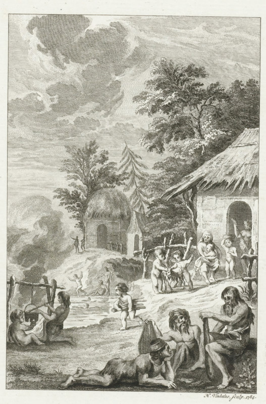 Domestic life of the Batavians, print, historical print, Domestic life of the Batavians. Inhabitants of a village sit outside in front of their huts, cooking, playing and talking with each other., printmaker: Harmanus Vinkeles, Netherlands, after drawing by Engelbertus Matthias Engelberts, 1784, paper, etching, height 230 mm x width 155 mm, Illustration for: EM Engelberts, The Ancient State and Histories of the United Netherlands, Johannes Allart, Amsterdam 1784-1799, vol. I, p. 394. Stands before the letter ., extinct, 'historical' peoples (with NAME), Roman period in the Netherlands, Batavians, A grayscale engraving showing a landscape with a large cloud-filled sky above trees and thatched buildings, a rounded hut with a domed roof near the center and a larger thatched structure to the right with an arched doorway, groups of people scattered across the scene including bare-chested and partially clothed figures, children playing and walking, a woman seated holding a child, a cluster o...