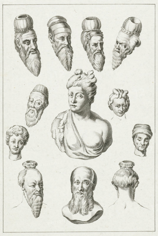 Sicamber-kopjes, print, historical object representation, Batavierenkopjes or so-called Sicamber-kopjes., printmaker: Reinier Vinkeles (I), Netherlands, after drawing by Engelbertus Matthias Engelberts, 1782 - 1784, paper, etching, height 235 mm x width 153 mm, Illustration from: EM Engelberts, The ancient state and histories of the United Netherlands, Johannes Allart, Amsterdam 1784-1799, vol. I, p. 340. Comes before the letter., extinct, 'historical' peoples (with NAME), Roman period in the Netherlands, Batavians, A grid-like arrangement of engraved classical head studies on a pale textured background, featuring multiple male heads with long beards and various rounded headdresses across the top, a central female bust with draped fabric and stylized hair, smaller youthful heads with curly hair to the sides, and additional bearded male busts and rear views toward the lower area, all rendered in fine parallel line shading and enclosed within a simple rectangular frame.