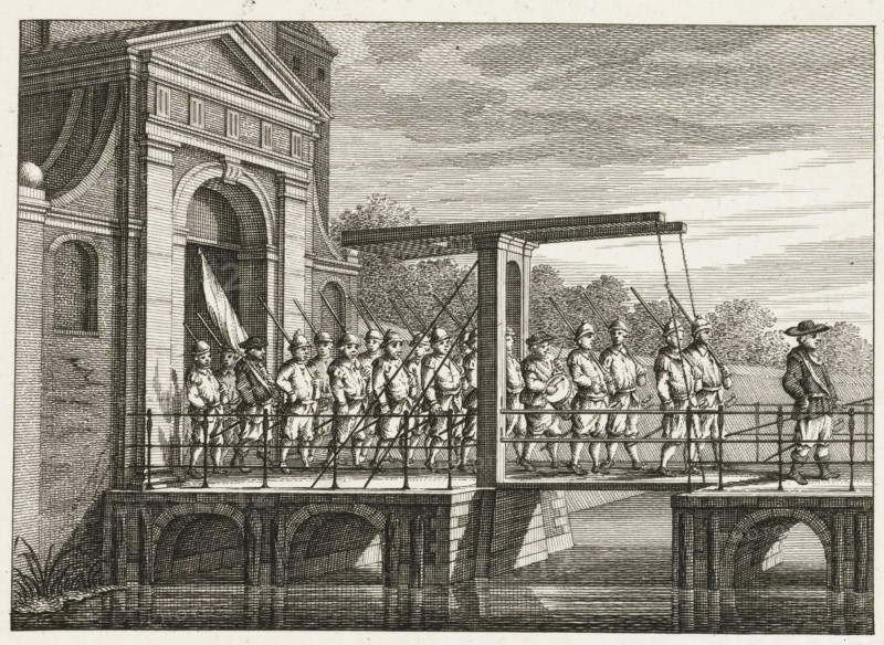 Hendrick Jansz. Ackerman marches out of the city with a company of musketeers, print, historical print, Henrick Janszoon Akkerman, marches out with some Amsterdam musketeers to Nuis to help Charles the Bold, 1474. A company of musketeers marches out of the city through a city gate., printmaker: attributed to Barent de Bakker, Northern Netherlands, after drawing by Hermanus Petrus Schouten (attributed to), 1780 - 1782, Attributed to, paper, etching, height 120 mm x width 145 mm, Later state of print also used in: Ollefen, Lieve van. Concise description of Amsterdam, suitable for the education of youth. Amsterdam: Jan Barend Elwe, 1782., Person, Charles the Bold (Duke of Burgundy), Hendrick Jansz. Ackerman, Burgundian period in the Netherlands, Amsterdam, North Rhine-Westphalia, Neuss, Period, 1474 - 1475, A detailed black and white line engraving shows a group of uniformed soldiers marching across a suspended wooden bridge beside a large classical building with arched openings and a ped...