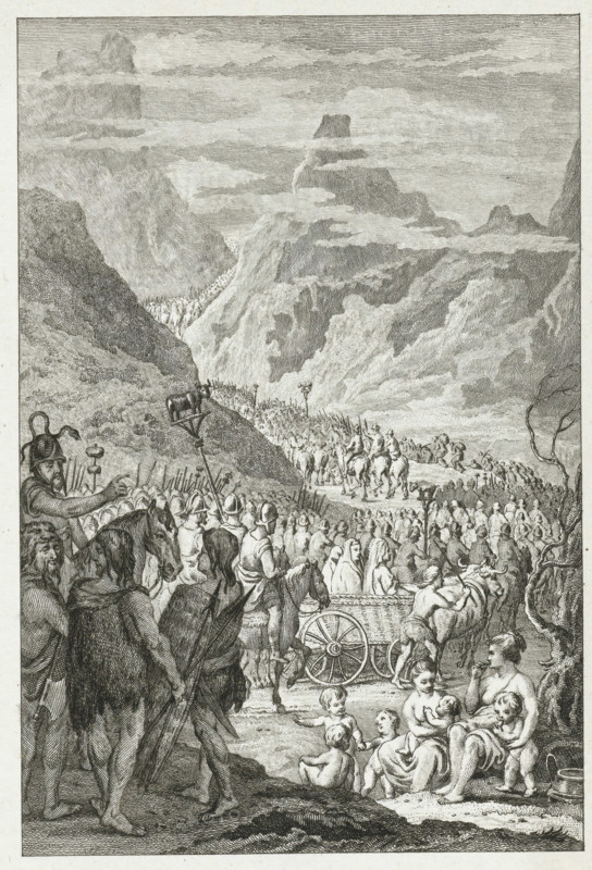 The Cimbri crossing the Alps, print, historical print, printmaker: Reinier Vinkeles (I), Netherlands, after drawing by Engelbertus Matthias Engelberts, 1782 - 1784, paper, etching, height 234 mm x width 152 mm, Illustration for: EM Engelberts, The Ancient State and Histories of the United Netherlands, Johannes Allart, Amsterdam 1784-1799, part I, p. 234. Print before the letter., extinct, 'historical' peoples (with NAME), A detailed black and white engraving shows a large procession of people and animals moving along a mountainous valley path under a sky with layered clouds. In the foreground on the left, several standing figures face the procession, some carrying long objects and shields, and a helmeted figure rides a horse visible from the neck upward. To the right foreground, seated women hold infants while other small children sit on the ground nearby. A cart with large spoked wheels is being pushed or pulled by figures near the center foreground. Further back, a dense line of marc...