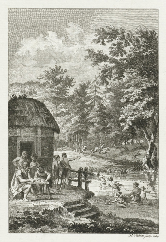 Hunting, fishing, and recreation among the Batavians, print, historical print, and recreation among the Batavians. Batavians seated playing a game in front of a house, fishing with a fishing net in a small lake, and hunting on horseback in the forest., printmaker: Harmanus Vinkeles, Netherlands, after drawing by Engelbertus Matthias Engelberts, 1784, paper, etching, height 230 mm x width 154 mm, Illustration for: EM Engelberts, De aloude staat en geschiedenissen der Vereenigde Nederlanden, Johannes Allart, Amsterdam 1784-1799, vol. I, p. 412. Comes before the letter., extinct, 'historical' peoples (with NAME), Roman period in the Netherlands, A detailed monochrome engraving shows a riverside scene with a thatched-roof hut at the left edge and a group of people gathered nearby, some seated at a small table and others standing or pointing toward the water. A wooden fence and stepped stone path lead down to a shallow river where several children and a few adults are wading and playing, so...
