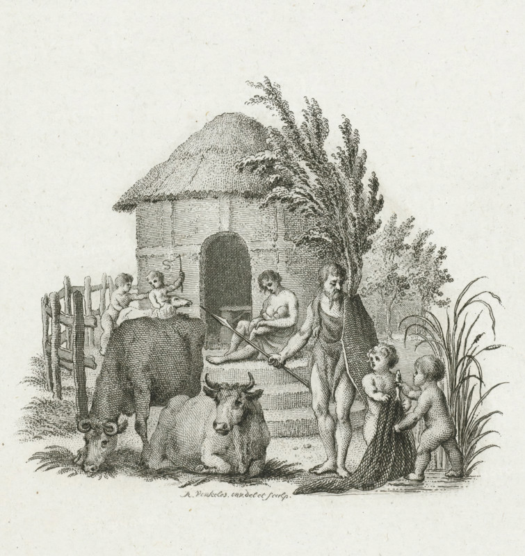 Title print for Cornelis de Koning, De voorvaderlijke levenswijze en gewoonten hier te lande, 1810, print, historical print, Hut with a Batavian family and cattle. Title print for: Cornelis de Koning, François Bohn, Haarlem 1810. Print before the letter., printmaker: Reinier Vinkeles (I), Netherlands, 1808 - 1810, paper, etching, height 252 mm x width 170 mm, Muller no. M 44b. before letter, extinct, 'historical' peoples (with NAME), Roman period in the Netherlands, A finely detailed black and white engraving shows a thatched round hut with an arched doorway and a nearby tall, leafy tree, with steps leading down from the entrance. In front of the hut a seated adult figure sits on the steps while another adult stands nearby holding a long pole, and several small unclothed children interact around them. Two horned cattle occupy the foreground, one lying down and one grazing with its head lowered. A wooden fence appears to the side, and tall grasses or reeds rise at the edge of the scene....