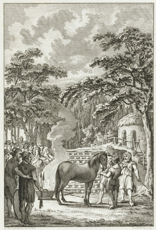 Funeral ceremony among the Batavians, print, historical print, Funeral ceremony among the Batavians. Cremation at the stake., printmaker: Reinier Vinkeles (I), Netherlands, after drawing by Engelbertus Matthias Engelberts, 1788 - 1790, paper, etching, height 192 mm x width 154 mm, Illustration for: EM Engelberts, The Ancient State and Histories of the United Netherlands, Johannes Allart, Amsterdam 1784-1799, vol. III, p. 156. Stands before the letter., funerary ceremonial, extinct, 'historical' peoples (with NAME), Roman period in the Netherlands, A detailed monochrome engraving shows a crowd of people gathered outdoors among tall leafy trees, with a plume of smoke rising from a brazier in the foreground. A horse stands near the smoke while three men stand beside it, one holding its reins and another holding a staff; two of the men wear simple garments and head coverings. A group of onlookers, including several with hands raised or clasped, forms a dense mass to the left, some partiall...