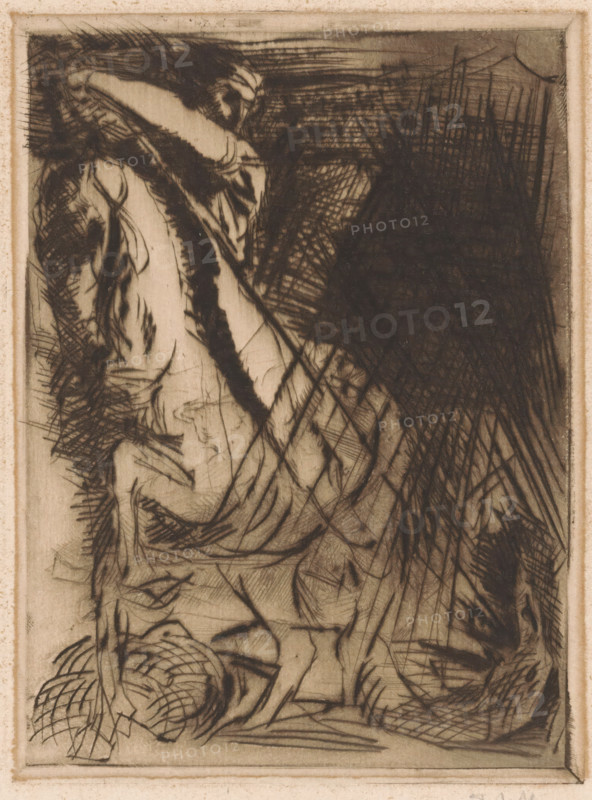 Saint George and the dragon, print, George, seated on a rearing horse. Beneath the horse the dragon, lying on its back., printmaker: Willem van Konijnenburg (signed by artist), printer (person): Henri van der Stok, 1878 - 1943, printer (person), paper, drypoint, intaglio printmaking technique, height 159 mm x width 117 mm, the warrior martyr George (Georgius), possible attributes: banner (red cross on white field), (red) cross, dragon, (white) horse, broken lance, shield (with cross), sword, A sepia-toned etching showing a crouched human figure with loosely sketched limbs and a draped garment, rendered with dense cross-hatching and dark, expressive lines that create strong contrasts and textured shadows; a mass of darker, heavily hatched area occupies the upper right, while the left side features more open line work and lighter areas suggesting folds and contours; the composition is framed by a thin border and the paper shows aged, slightly uneven edges.