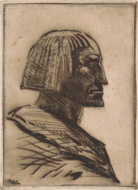 The Egyptian (original title), Portrait of an Egyptian man, print, printmaker: Willem van Konijnenburg (signed by artist), printer (person): Henri van der Stok, 1878 - 1943, printer (person), paper, drypoint, intaglio printmaking technique, height 172 mm x width 124 mm, anonymous historical person portrayed, A monochrome etched profile of a person facing right with a close-cropped, helmet-like hairstyle composed of straight carved lines, a prominent brow and nose, detailed cross-hatched facial shading, and defined lips and chin, the neck and upper torso shown with layered, sweeping hatch marks and intersecting lines suggesting folds or musculature, all set against a plain textured background within a narrow rectangular border.