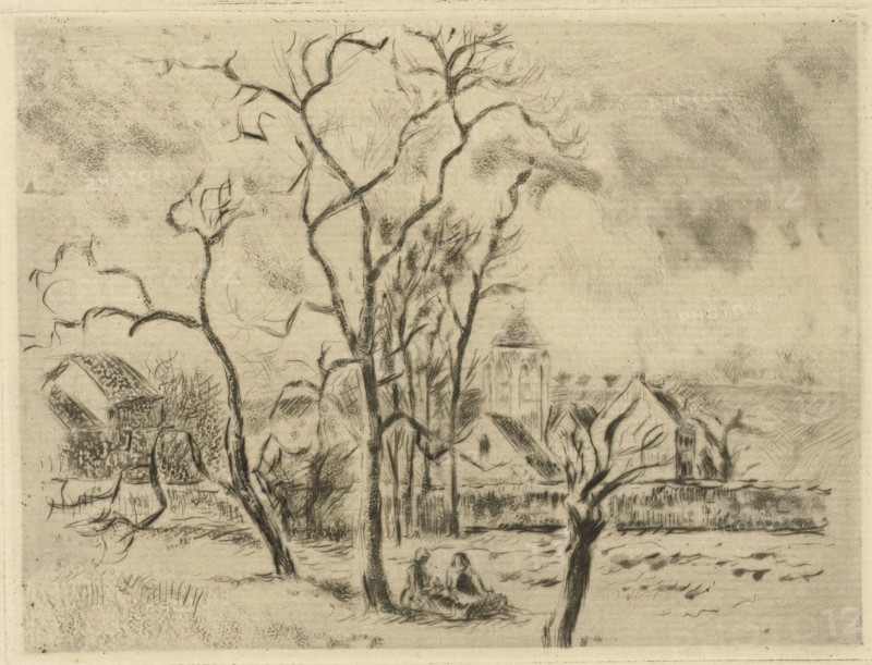 Eglise d'osny, près Pontoise, Church of Osny, print, A meadow with two women sitting under a tree. Behind a low wall the village of Osny, with a number of houses and a church., inscription: 'No 5 Epreuve d'artiste', printmaker: Camille Jacob Pissarro, France, 1885, printer (person), paper, etching, aquatint, drypoint, aquatint and drypoint, height 120 mm x width 160 mm, height 218 mm x width 298 mm, village, Pontoise, Osny, A sepia-toned sketch shows a landscape with tall, leafless trees with thin, twisting branches dominating the foreground, their trunks and limbs rendered with dark, textured strokes. Beneath the trees two seated figures are sketched with simple, indistinct outlines on the ground. To the left a cluster of buildings is suggested with angled roofs and rough, patterned shading, while toward the center-right a taller structure with a pointed roof rises above other rooflines. The background features a horizontal field and faint, textured sky with scattered soft shading and...
