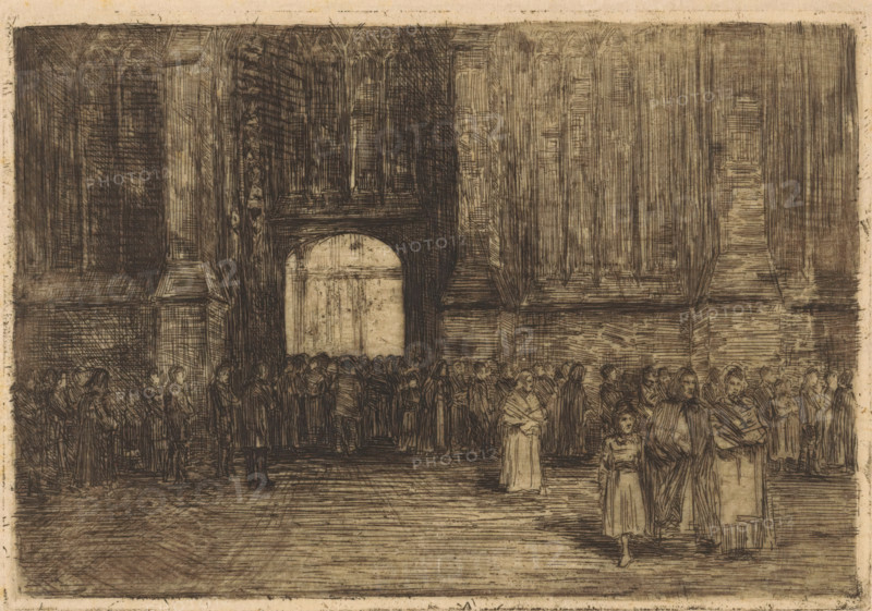 Church portal, print, People entering and leaving a church through a portal., printmaker: Antoon Derkinderen, 1869 - 1925, paper, etching, intaglio printmaking technique, height 131 mm x width 190 mm, parts of church exterior and annexes: portal, A sepia-toned etching shows a large interior space with tall, heavily textured walls and columns framing a central arched opening. A crowd of figures fills the foreground and middle ground, many clustered near the arch and along the sides; their forms are sketched with dense, short hatch marks and varying postures, some appearing to stand in groups while others face outward. Two figures stand more prominently at the right foreground, rendered with slightly clearer outlines and clothing details. The floor is depicted with parallel etched lines suggesting perspective leading toward the arch, and the upper wall surfaces display vertical and diagonal hatchwork that creates a sense of depth and shadow. Overall the scene is composed of fine linear e...