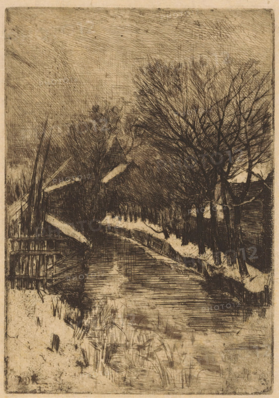 Snow-covered trees and buildings along a ditch, print, printmaker: Antoon Derkinderen, 1869 - 1925, paper, etching, intaglio printmaking technique, height 201 mm x width 140 mm, snow, small canal, ditch, A monochrome etching shows a narrow road or path flanked by leafless trees with tangled, thin branches extending upward and outward, dark dense shading creating contrast against a lighter sky filled with crosshatched lines; along one side of the road there are low fences and a series of simple buildings with pitched roofs partially obscured by the trees, while the opposite side features rough, grassy banks and scattered vegetation marked by short, scratchy strokes, and the foreground contains more textured ground and marks suggesting tufts of grass and uneven surface.