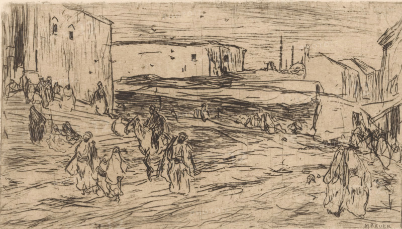 Outskirts of Constantinople, print, Men and women in Oriental clothing on a site surrounded by buildings. A mosque in the background on the right., printmaker: Marius Bauer (signed by artist), 1889, paper, etching, intaglio printmaking technique, etching with plate tone, height 119 mm x width 220 mm, temple, shrine, Islam, Mohammedanism, outskirts of city, Constantinople, Ottoman Empire, A sepia-toned line drawing shows a coastal scene with cliffs and a shoreline. In the foreground several robed figures walk along a sandy or rocky surface, some in groups and some alone, one figure seen from behind with draped clothing. A mounted rider faces toward the shore while other standing and seated figures are scattered nearby. Buildings and high vertical walls frame the left side, with more structures and cliff faces receding into the distance on the right. The sea stretches across the middle ground with horizontal etched lines indicating waves, and small indistinct shapes on the water. Distant...