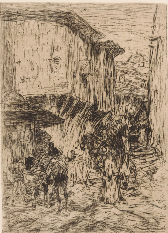 Market day, print, Various figures in a street, including a man with a pack animal carrying a load., printmaker: Marius Bauer (signed by artist), 1889, paper, etching, intaglio printmaking technique, etching with plate tone, height 200 mm x width 148 mm, market, pack-animal, Ottoman Empire, A densely hatched etching shows a narrow rocky passage between tall cliff faces with overhanging ledges, sketched with vertical and diagonal lines; along the path a crowded group of figures moves, some appearing to lead or carry loads and others clustered together, their garments rendered with flowing, textured strokes; a pack animal with a load stands among the people near the foreground, its legs and body outlined with quick crosshatching; rough horizontal lines suggest a distant horizon and a low rounded landform beyond the cliffs; the ground is depicted with swirling marks and the overall scene is composed of fine, dark etched lines on a light background.