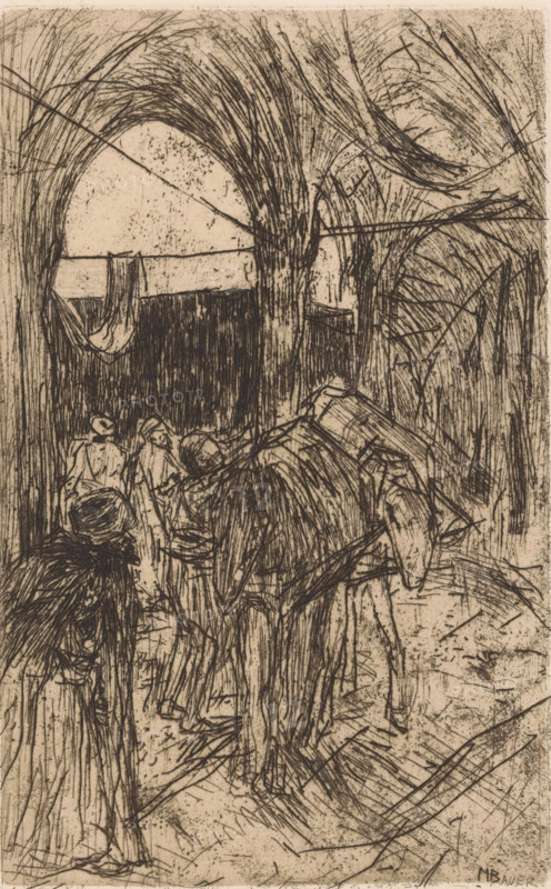 Pack horses, print, Various figures with two horses loaded with cargo., printmaker: Marius Bauer (signed by artist), 1889, paper, etching, intaglio printmaking technique, etching with plate tone, height 188 mm x width 118 mm, pack-animal, Ottoman Empire, A sepia-toned sketch shows a group of figures beneath tall, arching trees with long, sweeping branches and dense crosshatched foliage; in the foreground a figure with a wrapped head and a cloak faces inward while nearby another figure carries a large, bundled load on their back, their posture bent; additional figures stand or move toward a darker, shaded opening framed by the trunks, where a horizontal beam and a hanging cloth are visible across the gap; the ground is textured with scratch-like marks and tufts of grass, and the overall scene is rendered with expressive, linear etching strokes creating dense shadows and tangled lines throughout.