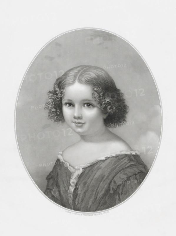 Bust of a girl, print, printmaker: Hendrik D. Jzn Sluyter, Amsterdam, after design by Nicolaas Pieneman, publisher: Buffa en Zonen, Frans, 1849 - 1931, paper, etching, stippelets, aquatint, engraving, engraving and aquatint, height 405 mm x width 280 mm, child, An oval framed black-and-white portrait of a young person with short curly hair parted down the middle, visible from the shoulders up, wearing a textured garment with a soft ruffled neckline, set against a softly shaded background.