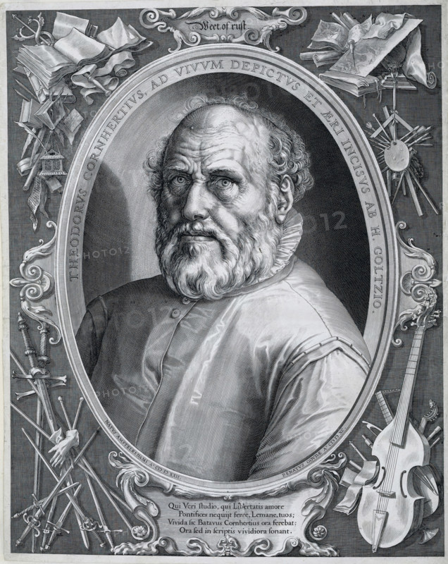 Portrait of Dirck Volckertsz Coornhert, Portrait of Dirck Volckertsz. Coornhert, print, Portrait in oval of the humanist and artist Dirck Volckertsz. Coornhert (1522-1590), with ornamental frame (printed from a separate plate). Inscription in Dutch and caption in Latin in the ornamental frame. Inscription in Latin around the portrait, mentioning Coornhert's birth and death years, and the fact that Goltzius depicted him from life., printmaker: Hendrick Goltzius, Haarlem, after design by Hendrick Goltzius, publisher: Hendrick Goltzius, 1591 - 1592, Hendrick Goltzius, printmaker, publisher, paper, engraving, gravure, height 522 mm x width 411 mm, Person, Dirck Volckertsz. Coornhert, historical persons, musical instruments, group of musical instruments, weapons, book, tools, implements of painter, A detailed black-and-white engraved portrait of an older man shown from the chest up inside an ornate oval frame, with a full beard, curly hair, and a lined forehead, wearing a high-collared garm...