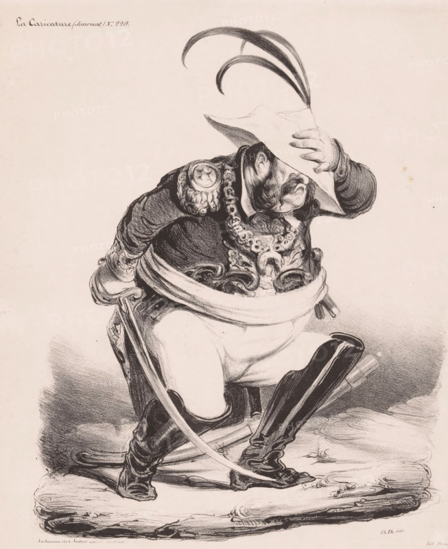 Malbroug s'en va-t-en guerre, Caricature of King Louis Philippe I of France in the war against Spain, cartoon, print, printmaker: Honoré Daumier, printer (person): Nicolas Louis Delaunois, Paris, publisher: Aubert & Cie., 1835, Honoré Daumier, Nicolas Louis Delaunois, Aubert & Cie., printmaker, printer (person), publisher, paper, lithography, height 360 mm x width 278 mm, Print published in: La Caricature, January 22, no. 220, pl. 458., Person, Louis Philippe I (King of France), historical persons, hacking and thrusting weapons: sword, political caricatures and satires, caricatures (human types), A monochrome lithographic caricature shows a rotund man in ornate military attire seated on a cushion-like surface, his face partly obscured by a large plumed hat that he holds with one gloved hand; he has a heavy mustache and a grimacing expression, and his uniform features elaborate braided epaulets, decorative chest ornaments, a wide sash around his waist, tight breeches, and tall polished ...