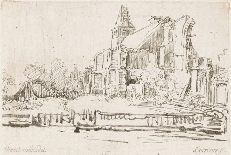 View of a ruin, print, printmaker: Johann Daniel Laurentz, after drawing by Rembrandt van Rijn, 1739 - 1810, paper, etching, height 121 mm x width 178 mm, landscape with ruins, A horizontal ink sketch of a riverside scene showing a group of ruined stone buildings with a tall steeple rising behind them, rendered with fine hatch and contour lines; the ruins display broken walls, arches, and exposed masonry, with dense foliage and shrubs growing around and between the structures; a small simple hut with a sloped roof and nearby trees appears toward one side, while the foreground shows a low bank or embankment beside a calm stretch of water indicated by horizontal strokes and darker shaded marks along the edge.