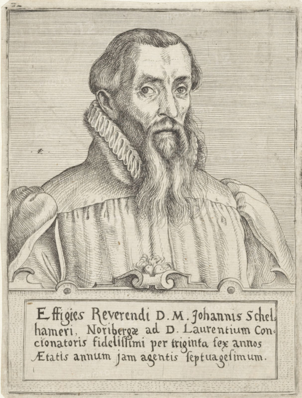 Portrait of Johann Schelhammer, print, printmaker: Lorenz Strauch, Nuremberg, 1600 - c. 1630, Bavaria, paper, etching, height 151 mm x width 112 mm, Person, Johann Schelhammer, historical persons, A detailed black and white engraved portrait of an older man shown from the chest up, facing slightly to the viewer's right, with high forehead and slicked-back hair, deep-set eyes, pronounced cheekbones, and a long flowing beard. He wears a ruffled collar with visible folds and a heavy robe with layered drapery and textured lines, and decorative scrollwork appears beneath his chest. The background consists of fine horizontal lines inside a rectangular frame, and a bordered panel with block text occupies the lower portion of the image.