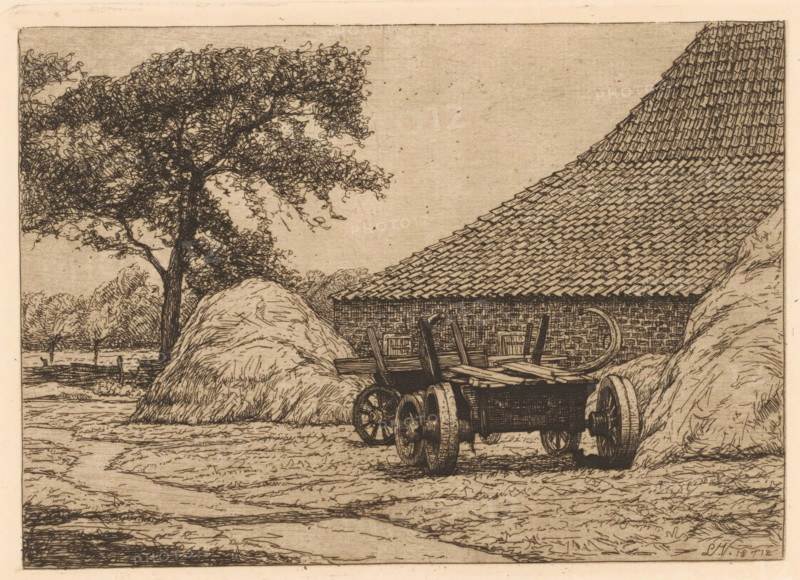Farm barn with cart, print, printmaker: Laurent Verwey van Udenhout, Netherlands, 1894 - 1913, paper, etching, intaglio printmaking technique, height 120 mm x width 169 mm, farm (building), (farm) wagon, freight wagon, cart, hay-cock, A sepia-toned ink drawing shows a rural scene with a large tree on the left, its dense, scribbled foliage and textured trunk rising above a rounded haystack in the foreground, and a second haystack partially visible on the right; between the stacks sits a wooden cart with spoked wheels and a flat platform, rendered with crosshatching and linear detail; behind the cart a low brick building with a steeply pitched tiled roof extends diagonally across the composition; in the background a line of smaller trees borders a field, and the ground in the foreground is marked with winding paths and textured shading.