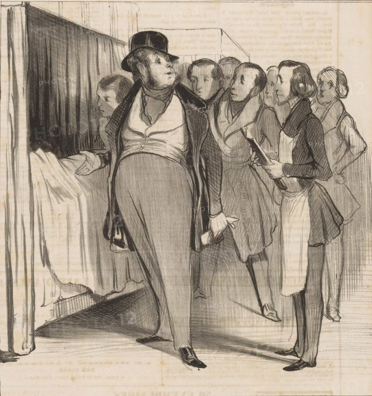 Doctor Robert Macaire shows his students the result of the operation, Clinique du docteur Robert-Macaire, Caricatures, Caricaturana, cartoon, Series number, 63, 100, printmaker: Honoré Daumier, after design by Charles Philipon, printer (person): Aubert & Junca, Paris, publisher: Aubert & Cie., 1837, printer (person), paper, lithography, letterpress printing, lithography with text in letterpress on verso, height 363 mm x width 238 mm, Print possibly from: Le Charivari, October 15, 1837., operation, surgery, A charcoal drawing of a group of men standing near a curtained area, with a large man in a top hat and overcoat at the center facing slightly left and holding a folded cloth in one hand, several thinner men clustered behind and beside him with varied expressions, one man in the foreground on the right holding a rolled item and wearing a dark jacket over a light waistcoat, visible feet and shoes on the floor, draped fabric and a tall curtain on the left, and shaded floor and backgroun...