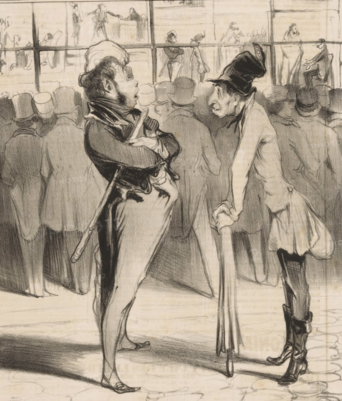 Robert Macaire and Bertrand in front of Aubert's shop window, Caricatures, Caricaturana, cartoon, Series number, 64, 100, printmaker: Honoré Daumier, after design by Charles Philipon, printer (person): Aubert & Junca, Paris, publisher: Aubert & Cie., 1837, Honoré Daumier, Charles Philipon, Aubert & Junca, Aubert & Cie., printmaker, after design by, printer (person), publisher, paper, lithography, letterpress printing, lithography with text in letterpress on verso, height 363 mm x width 238 mm, Print possibly from: Le Charivari, October 22, 1837., caricatures (human types), art dealer, shop-window, show-window, A pencil or charcoal drawing shows two men facing each other in the foreground of a crowded scene. One man stands with a cane across his chest, wearing a coat with a high collar and a hat with a rounded top, his posture slightly leaning back and his mouth open. The other man leans on a long cane, wearing a tall, floppy hat and a long coat with a sack hanging from his shoulder, hi...