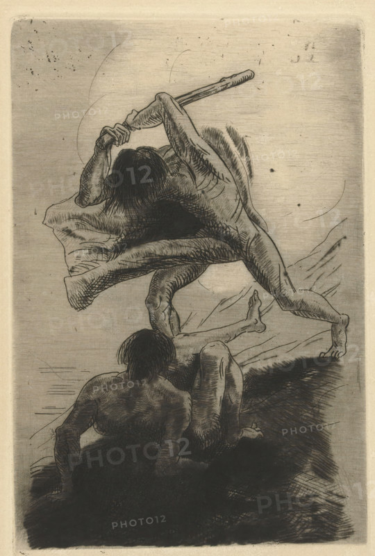 Cain and Abel, print, Cain with club raised, about to strike Abel. Abel, seen from the back, sitting on the ground., printmaker: Odilon Redon, France, Paris, 1886, printer (person), paper, etching, intaglio printmaking technique, drypoint, etching and drypoint, height 184 mm x width 120 mm, the killing of Abel: Cain slays him with a stone, a club or a jaw-bone, alternatively with a spade or another tool as weapon, A monochrome etching shows two partially obscured human figures with long dark hair and muscular limbs; one figure is bent forward with an arm raised and gripping a clublike object above their head while a draped cloth or cloak billows around their torso and legs, the other figure is lower in the composition, positioned on hands and knees with the back and shoulders prominent and legs extending toward the right, both figures rendered with crosshatching and varied linework against a lightly shaded background with visible scratch marks and speckles.