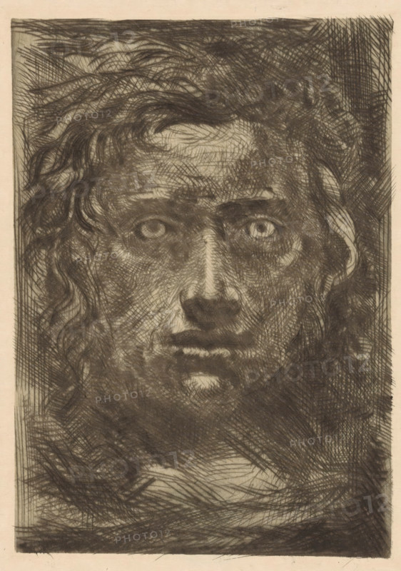 Character head (original title on object), print, The head of a man., number: '68', printmaker: Willem van Konijnenburg, 1878 - 1943, paper, drypoint, intaglio printmaking technique, height 170 mm x width 120 mm, head (human), A close-up pencil drawing of a face with intense cross-hatching lines, showing a high forehead, deep-set eyes with visible pupils, a prominent nose, a mustache and a beard, and long wavy hair framing the face, all rendered in dark pencil strokes against a lighter paper background.