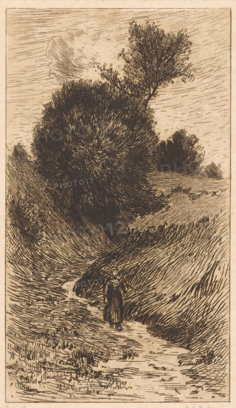Woman on a sunken road, print, The woman carries a stick on her shoulder. In the background trees and bushes., printmaker: Anton L. Koster (signed by artist), 1869 - 1937, paper, etching, intaglio printmaking technique, height 228 mm x width 136 mm, road, path, carrying something on the head or on the shoulders, A narrow vertical sketch in pen and ink shows a winding dirt path cutting through tall, densely hatched grasses and rough terrain, with a solitary figure standing on the path wearing a long dress and holding a long, thin object across the shoulders; the figure faces forward. Large, darkly shaded bushes and trees occupy the middle ground, their foliage rendered with short, dense strokes, while a taller, more detailed tree rises with sparser branch and leaf lines toward the top. The sky is filled with horizontal, parallel hatch marks and a wispy cloud shape. The foreground contains textured ground markings and tufts of grass drawn with varied line density, and the overall image h...