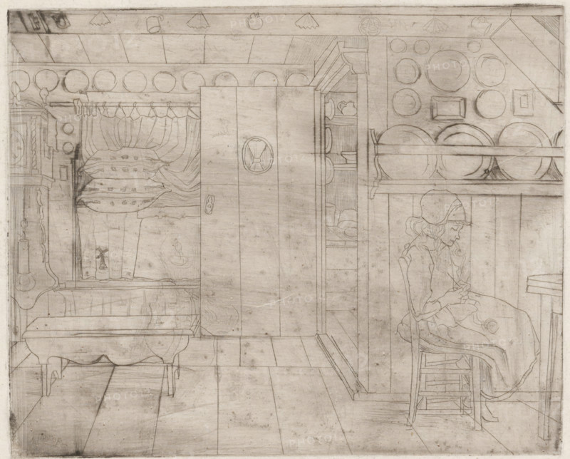 Knitting girl in interior, Interior on Marken with knitting girl (original title), print, dedication: 'To my friend Bremmer', printmaker: Jan Toorop (signed by artist), dedicated to: Hendricus Petrus Bremmer (signed by artist), 1896, paper, drypoint, intaglio printmaking technique, drypoint with plate tone on zinc, height 158 mm x width 195 mm, interior of the house, girl (child between toddler and youth), knitting, Marken, A pencil drawing of an interior scene showing a room with wooden floorboards and paneled walls, a large central cabinet or wardrobe with a round decorative oval on its doors, shelves filled with plates and bowls on the right wall, and a rack of hanging plates or platters above; to the right a seated woman wearing a bonnet and a dress sits on a simple wooden chair holding a small object in her hands; to the left a small bed or bench with layered cushions and draped curtains, an ornate tall clock or cabinet with carved details, and various small household items and ut...