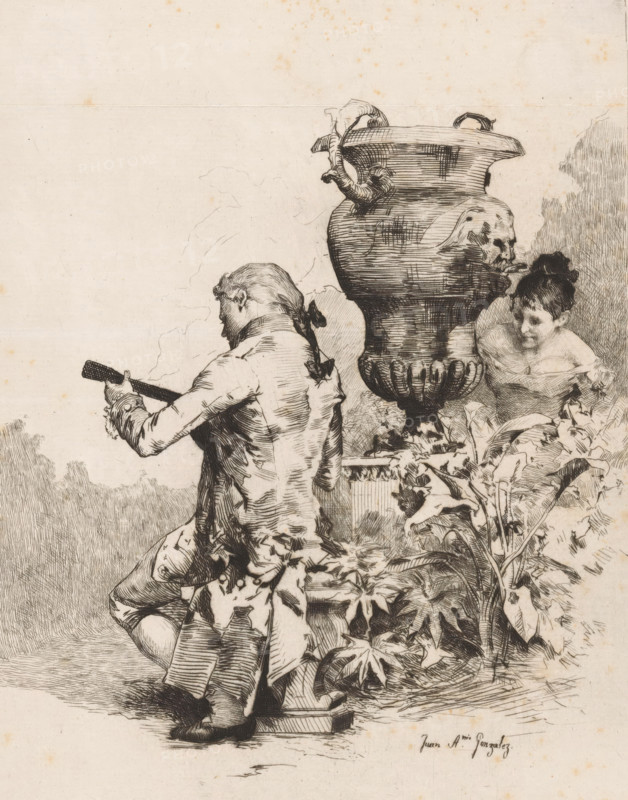 Man playing an instrument in a garden, print, collector's mark: 'Littéraire Societeit, The Hague', printmaker: Juan Antonio González, Spain, 1852 - after 1914, Juan Antonio González, printmaker, paper, etching, drypoint, intaglio printmaking technique, height 260 mm x width 182 mm, garden vase, cithern, mandolin, guitar, balalaika - CC - out of doors, A detailed ink drawing shows a seated figure seen from behind holding a long narrow object, wearing a coat with visible seams and folds and a tied ribbon at the back of the head, resting on a low platform with shoes visible beneath. To the right a large ornate urn with decorative handles and sculpted faces sits on a pedestal, its surface rendered with horizontal hatch lines. A partially visible female figure leans near the urn with hair pulled up and a bare-shouldered garment, surrounded by dense foliage with broad leaves and varied plant stems in the foreground. The background is mostly empty space with faint cloud or landscape outlines ...