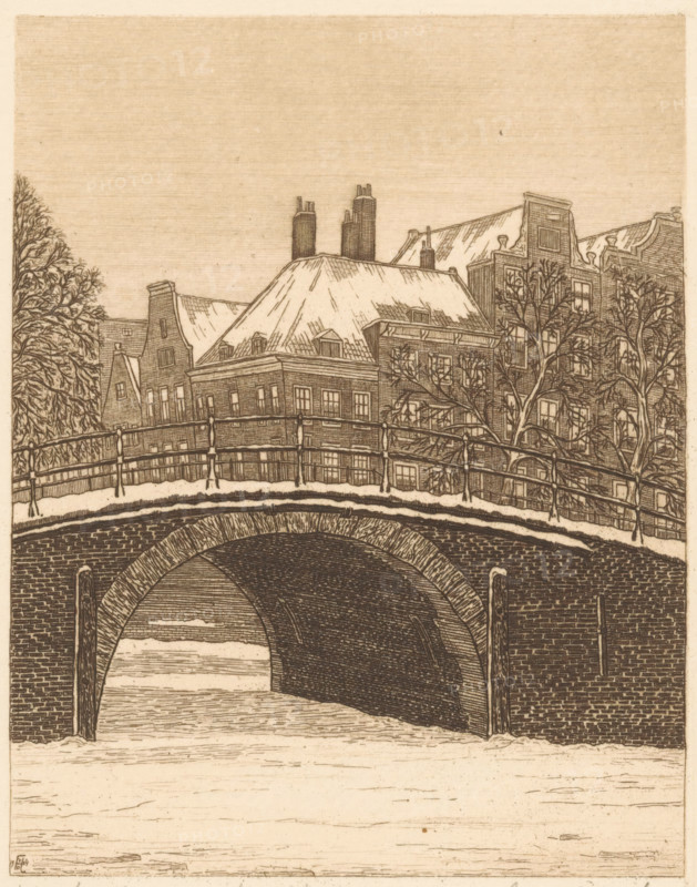 Heerengracht near the Reguliersgracht, Amsterdam (original title on object), print, A bridge over the Herengracht in Amsterdam, near the Reguliersgracht. The canal is frozen and covered with snow., number: '6', inscription: 'printed 6 proofs and 10 prints. copper plate burned in fire Plaatdrukkerij Dec 1927', printmaker: Frederik van der Harst (signed by artist), 1924, paper, etching, intaglio printmaking technique, etching with plate tone, proof, height 178 mm x width 137 mm, snow, bridge in city across river, canal, Herengracht (Amsterdam), Reguliersgracht, A sepia-toned etching showing a brick arch bridge spanning a waterway with the underside of the arch darkened in crosshatched lines, a railing running along the top of the bridge, and vertical posts at the bridge edges. Above and beyond the bridge are closely packed buildings with steep roofs and chimneys, detailed windows, and small dormer openings. Leafless trees with many fine branches stand in front of some buildings. A large ...