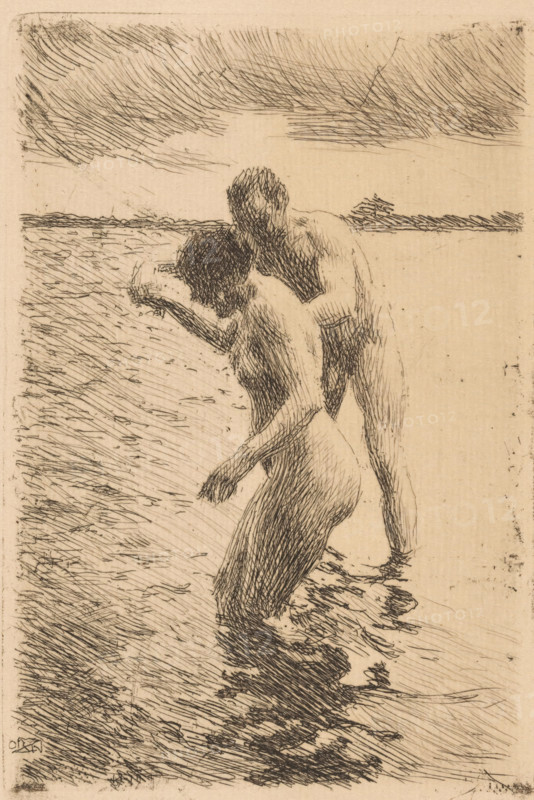The Pilot, Pilot - Lots, print, A naked woman leads a man into the water., printmaker: Anders Leonard Zorn (signed by artist), 1919, paper, etching, drypoint, etching and drypoint, height 178 mm x width 118 mm, Probably made after a photograph., public baths - AA - in the open air, A monochrome etched scene showing two nude figures standing at the water's edge, one figure slightly in front and turned to the side with an arm extended forward and head bowed, the other figure positioned behind and leaning over the first with hands near the front figure's shoulder; the shoreline and rippling water are rendered with short, directional hatch marks, and a distant horizontal band suggests a far shore beneath a sky filled with long, sweeping crosshatched strokes.