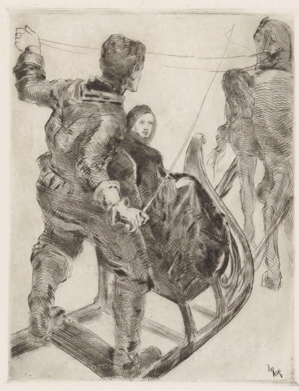 Sleigh ride (original title), Man and woman in a sleigh, print, A man and a woman in a sleigh being pulled by a horse. The man is holding a whip and the horse's reins in his hands., number: 'B12a', printmaker: Willem van Konijnenburg, printer (person): Hein von Essen, 1927-12, Willem van Konijnenburg, Hein von Essen, printmaker, printer (person), paper, etching, intaglio printmaking technique, height 267 mm x width 207 mm, horse-sleigh, A monochrome sketch showing three figures on a curved wooden rocker, rendered with crosshatching and fine lines; a seated woman with long dark draped clothing and a calm face looks toward the viewer while a standing man behind her leans forward with an arm extended and hand gripping a thin line, his clothing textured with heavy shading and visible folds; a third figure with long flowing hair and a partially turned back stands at the rocker’s far side, the rocker’s carved arm and curved runners visible beneath them, and the background is mostly blank.