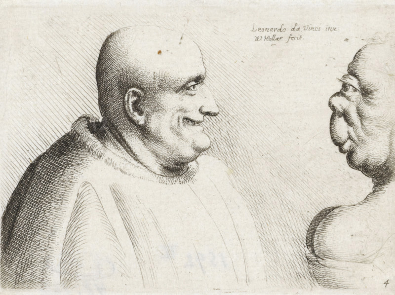 Heads of a large bald man and grotesque woman, Caricatures, heads and deformities after Leonardo da Vinci, Varie figurae et probae, print, Series number, 4, 13, printmaker: Wenceslaus Hollar, Antwerp, after drawing by Leonardo da Vinci, 1645, paper, etching, height 76 mm x width 106 mm, The series consists of a title print and thirteen subsequent prints, of which the first state is unnumbered. Every second or third state is numbered with a number-letter combination or just a number., disabilities, deformations, A monochrome ink drawing shows two profile faces facing each other on a textured paper background. The left figure is a bald person with a rounded head, pronounced cheek and chin, visible ear, smiling mouth, and a heavy garment with a high collar drawn with fine crosshatching. The right figure is an older face with a bulbous nose, sagging cheeks, pronounced jowls, and a visible eye looking toward the left figure, rendered with curved hatching lines. The surrounding background fe...
