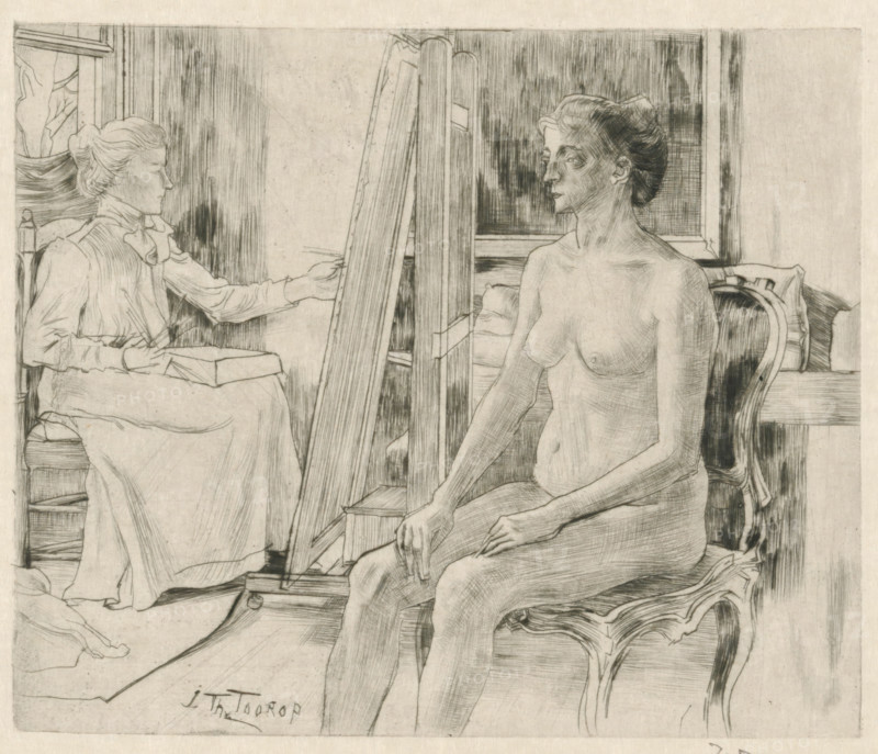 Artist working from female nude model, The model (original title), print, printmaker: Jan Toorop (signed by artist), 1901, paper, Japanese paper (handmade paper), drypoint, intaglio printmaking technique, drypoint with plate tone on zinc, on Japanese paper, height 131 mm x width 158 mm, The artist is probably Riet van Houten, whom Toorop also depicted in 'In 't atelier', and in 'De pianiste', Person, Riet van Houten, painter working from nude model, A pencil or ink drawing of an interior scene showing two women and an easel; one woman sits clothed on the left in a chair with her hair tied back and an arm extended toward the easel while holding a tool and a box on her lap; the other woman sits nude on the right on an ornate chair with a cushion, facing slightly toward the left with hands resting on her knee and a calm facial expression; an easel stands between them with vertical canvases or boards; behind them are a window and drapery and a wall with vertical shading; the floor and some...