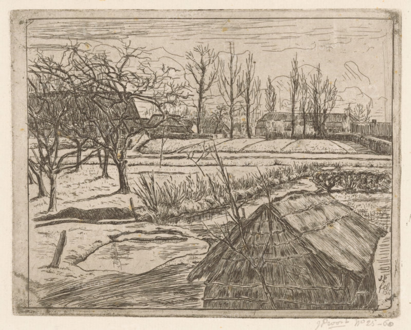 Winter landscape with farms, print, On the left an orchard, on the right a barn., printmaker: Johannes Proost (signed by artist), 1911-02, paper, etching, intaglio printmaking technique, height 137 mm x width 172 mm, farm or solitary house in landscape, winter landscape, landscape symbolizing winter (the four seasons of the year), orchard, A detailed ink landscape showing a rural scene with bare trees and leafless branches in the foreground and midground, a cluster of low thatched structures with layered straw textures occupying the lower right, narrow water channels or flooded fields delineated by thin lines, grassy tufts and small shrubs scattered along the banks, a distant row of simple buildings and fences behind a raised embankment, thin vertical trees rising behind them, a banded sky with horizontal hatch marks and faint cloud shapes, and a narrow border framing the entire image.