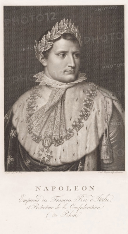 Portrait of Napoleon I Bonaparte, Emperor of the French, print, printmaker: Raphael Morghen, Florence, after drawing by Stefano Tofanelli, Italy, printer (person): Chez Molini, Landi et Ce., 1768 - 1833, printer (person), Tuscany, paper, engraving, etching, engraving and etching, height 440 mm x width 313 mm, Person, Napoleon I (Emperor of the French), historical persons, ruler, sovereign, A monochrome engraved portrait of a man shown from the chest up wearing a laurel wreath on his head and a high lace collar at his neck, dressed in a fur-lined ceremonial robe with ornate patterned bands and decorative medallions, a large star-shaped badge suspended at his chest, and a tasseled cord hanging from his shoulder; the man looks slightly to his left with a composed facial expression, short hair, and smooth skin; the background is a finely textured dark field and there is a wide blank margin below the portrait containing decorative script.