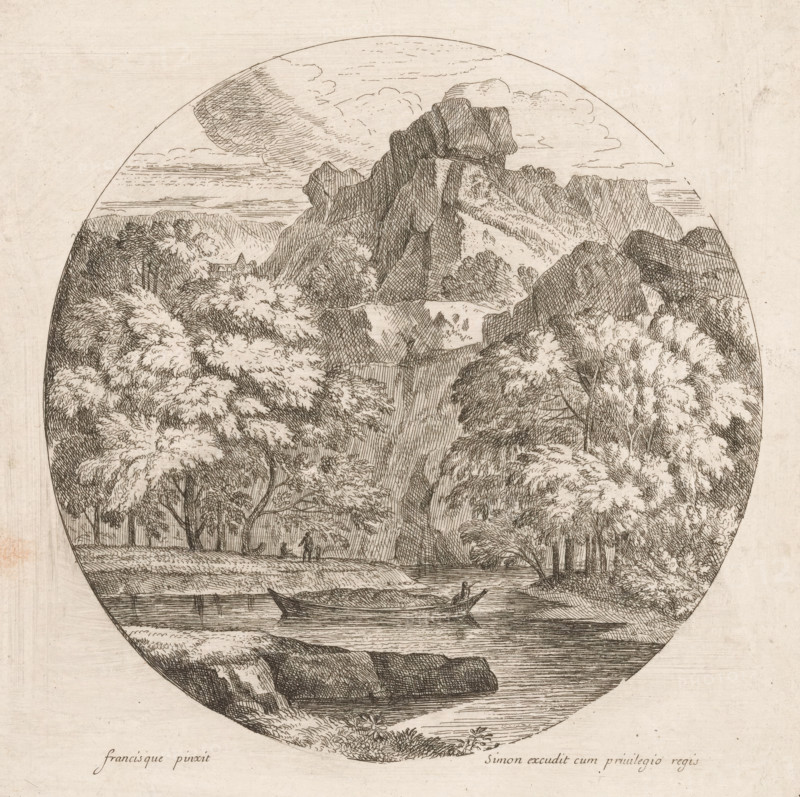 Arcadian mountain landscape with a boat on a river, Paysages de formeronde, print, printmaker: Théodore, France, after painting by Jean François Millet (I), publisher: Simon, grantor of privilege: French crown, 1690 - 1730, paper, etching, intaglio printmaking technique, height 213 mm x width 222 mm, river, boat propelled by man or animal, landscapes in the temperate zone - HH - ideal landscapes, A circular ink drawing depicting a landscape with tall rocky cliffs rising toward the top, detailed crosshatching on the rock faces, and a cluster of trees with dense foliage along the slopes; a waterfall cascades down between the cliffs into a calm river where a narrow boat floats with a seated figure holding a pole, another boat rests nearby along a shoreline edged by rocks and vegetation, and small human figures appear on a grassy bank beneath the trees; the sky above shows wispy clouds and fine horizontal strokes, and the entire scene is framed within the round border against a plain backg...